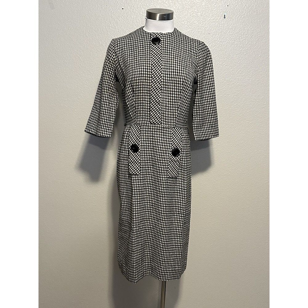 VTG 60s TONI TODD Black White Check‎ Career Day Secretary Sheath Pencil Dress S
